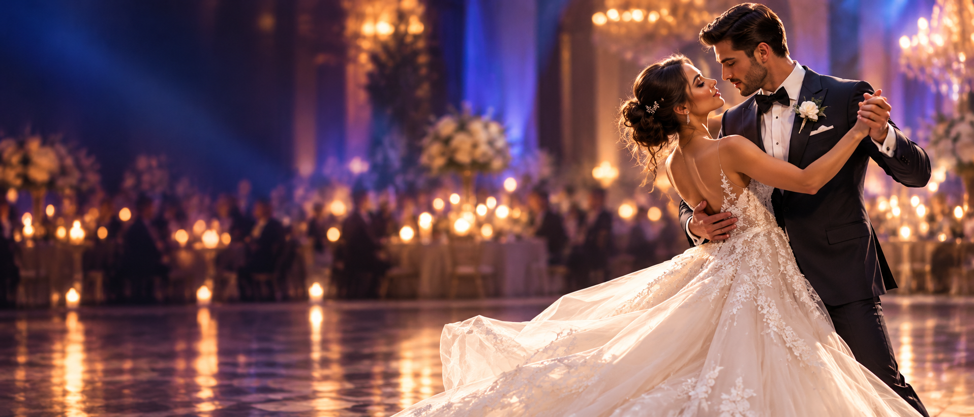 Romantic first dance under chandeliers